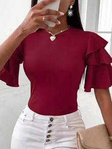 EMERY ROSE Women's Casual Solid Color Ruffle Hem T-Shirt, Summer - Burgundy - View 3