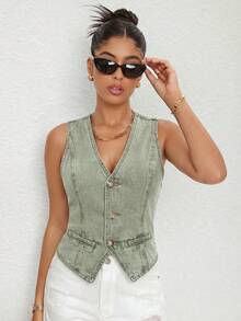 SHEIN Essnce Áo khoác denim nữ không tay, chất liệu denim mài, kiểu dáng thường ngày, có cúc phía trước, thích hợp cho mùa hè. - màu xanh lá - Xem 5