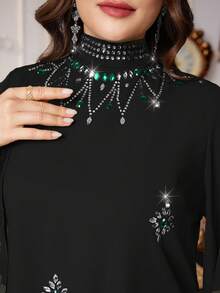 Al Najma 大码女士优雅奢华纯色长袖闪亮水钻装饰时尚土耳其长裙 - 黑色 - 查看 1