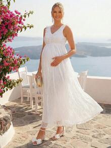 Loomaby Elegantes Umstandskleid in Unifarbe mit Spitze und ärmellos für Partys - Weiss - Übersicht 7
