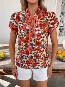 SHEIN Clasi Camisa de vacaciones con cuello de corbata y estampado floral naranja para mujer - Naranja Coral - Ver 6