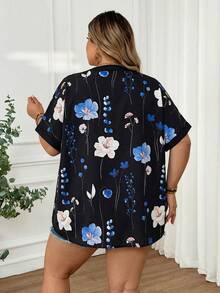 SHEIN CURVE+ 大码女式休闲宽松碎花短袖衬衫，春夏教师制服 - 黑色 - 查看 2