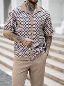 Manfinity Homme 男士休闲度假风印花短袖衬衫长裤套装，春夏秋季 - 卡其色 - 查看 4