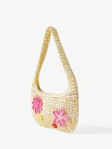 Viva Strut 女士单肩包、流浪包、草编包、粉白相间、花朵、钩花、时尚、个性化、简约、百搭、街头风、甜美酷女孩、辣妹、Y2K、复古、铆钉、经典、青少年、海滩、度假、假日、夏季、海边 - Butter Yellow - 查看 3