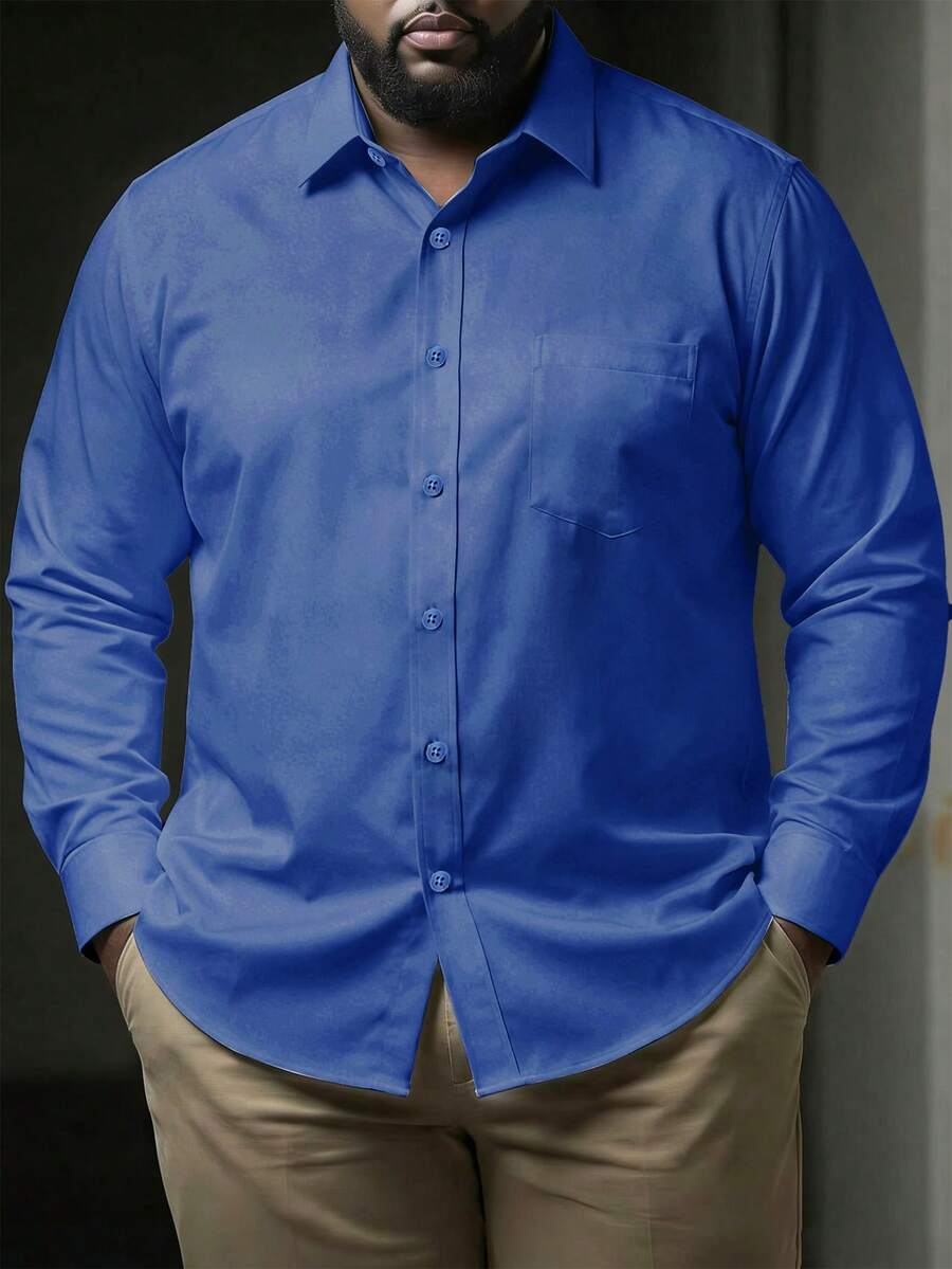 Manfinity Homme Plus Size Men's Solid Color Single-Breasted Casual Long Sleeve Shirt - Royal Blue - View 1