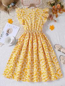 Teen GirlWaist-Cinching Elegant Refreshing V-Neck Dress - Yellow - View 2