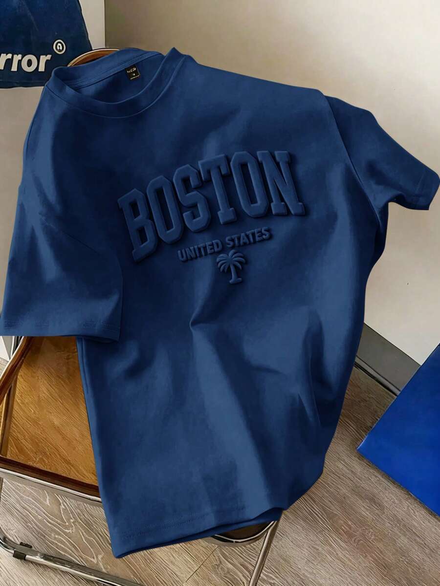 Manfinity Joysei Men's Navy Blue Oversized Letter Embossed Loose Fit T-Shirt - Navy Blue - View 1