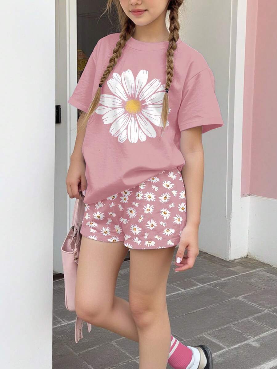 浅粉色波西米亚雏菊印花,少女休闲简约短袖圆领T恤和短裤两件套,适合夏季度假 - 彩色 - 查看 1