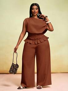 Veslaya Bộ trang phục 2 mảnh cao cấp màu mơ thanh lịch gồm áo không tay cổ lệch eo và quần ống rộng - Gỗ đỏ - Xem 10