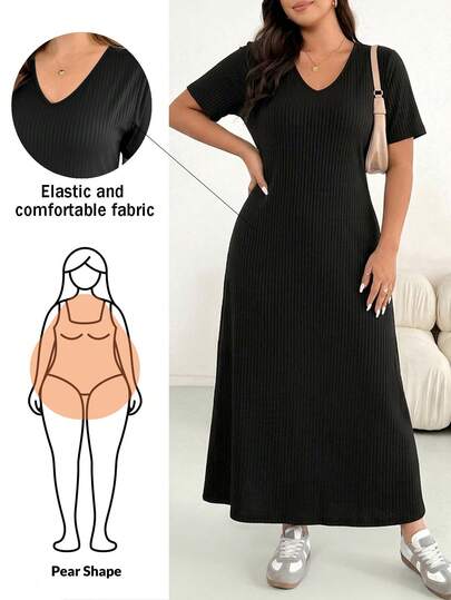 Shapeblank 大码女装春夏时尚休闲弹力舒适日常百搭显瘦V领黑色短袖长连衣裙，简约风格，夏季穿搭，打底连衣裙，女士工作服，曲线女装短袖中长连衣裙