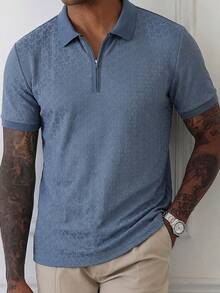 Manfinity Bizformal 男士短袖纹理面料拉链领 Polo 衫，适合外出和办公穿着，正式场合。 - 藍色 - 查看 5