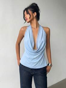 Aloruh Women's Solid Color Hanging Collar Backless Rivet Light Blue Backless Top - Baby Blue - View 8