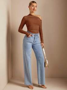 SHEIN BAE 纯色不对称褶皱透视修身长袖高领上衣 - 鏽棕色 - 查看 4