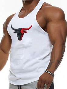 GymBeat Men's Casual Sports Contrast Color Bull Head Print Tank Top, Gym - White - View 3