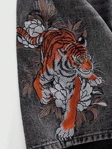 ROMWE MEN Street Life Men's Animal & Plant Embroidery Slant Pocket Casual Denim Shorts - Grey - View 5