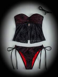 ROMWE Bộ bikini hai mảnh phong cách Gothic dành cho nữ, màu đen và đỏ, họa tiết mạng nhện lưới nhung kết hợp mặt dây chuyền hình nhện, gồm áo quây và quần bơi buộc dây bên hông (dây đeo có thể tháo rời), màu đen/đỏ/đỏ tía, hoàn hảo cho các lễ hội, tiệc tùng, kỳ nghỉ và kỳ nghỉ xuân. Áo tắm tankini phong cách Gothic. Bộ áo tắm tankini dự tiệc lễ hội. Bộ đồ bơi phong cách Gothic Punk. - Nhiều màu - Xem 8