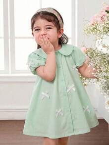 SHEIN Đầm ngắn tay màu xanh lá cây dễ thương cho bé gái, cổ Peter Pan, thắt nơ, thích hợp cho mùa hè. - Màu xanh Bạc hà - Xem 7