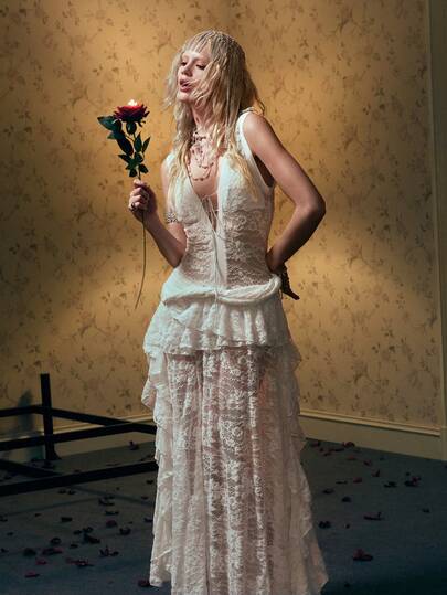 ROMWE Lace Ruffle Sheer Deep V Neck Dress, Suitable For Western Music Festival