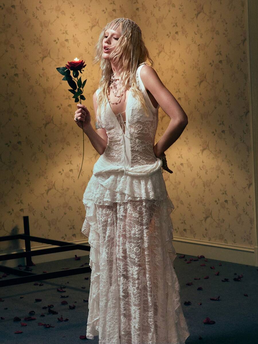 ROMWE Vestido de cuello en V profundo con volantes de encaje y transparencia, adecuado para festivales de música occidentales - Blanco - Ver 1