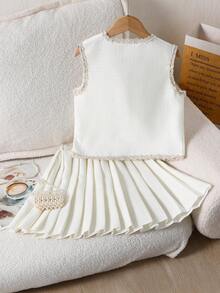 SHEIN 女童无袖蝴蝶结开衫上衣和百褶裙优雅两件套，夏季 - 杏色 - 查看 2