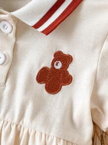 SHEIN Playful Pals 女婴休闲简约翻领字母印花连体衣，春夏款 - 白色 - 查看 8