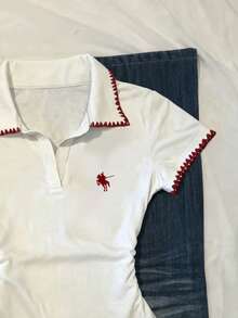 Glimmora Women's Casual Contrast Trim Ruched Waist T-Shirt, Summer - White - View 5