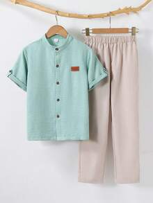 SHEIN Back To School Tween Boys 2-Piece Formal Suit Mint Sage Green Mandarin Collar Blazer & Khaki Pants For Wedding Family Matching Summer - Mint Green - View 4