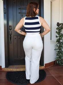Lupita Cardoza 女式休闲简约海军蓝条纹短款针织毛衣 - 寶藍色 - 查看 2