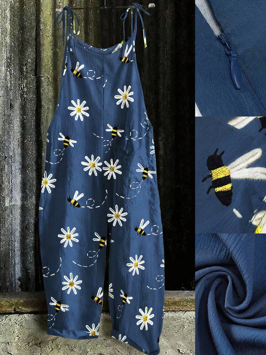 Linhara 大码女式休闲印花连体裤 - 藏蓝色 - 查看 1