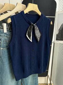 Franclia New Spring/Summer Casual Minimalist Round Neck Micro Polo Sleeveless Vest, Matte Button, Tight-Knit, Contrast Trim, Polka Dot & Paisley Patchwork, Suitable For Work Commute, All-Match Korean Style, Slim Fit, Comfortable, Versatile, Dark Color, Flattering, Business Neutral High-End Women Knit Top - Navy Blue - View 4