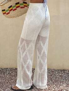 Livesso Pantalones anchos de uso diario de verano para mujer, de unicolor y con diseño hueco, versátiles y casuales - Blanco - Ver 2