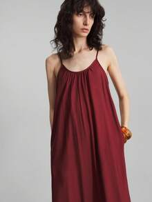 Ontre 2026春夏新款女士休闲纯色吊带连衣裙，夏季连衣裙，春季连衣裙，中长连衣裙，毕业礼服，优雅女士连衣裙，假日沙滩音乐节连衣裙 - 酒紅色 - 查看 5