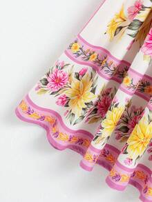Tween Girls Dress,White Floral,Summer,Boho,Vacation,Holiday Elegant Pink Rose Floral Print Spaghetti Strap Ruffle Hem Bow Shoulder A-Line Dress - Mauve Purple - View 6