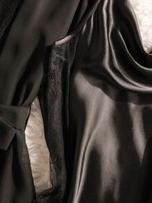 HautHeat 女士纯色吊带蕾丝拼接长袖睡袍套装 - 黑色 - 查看 7