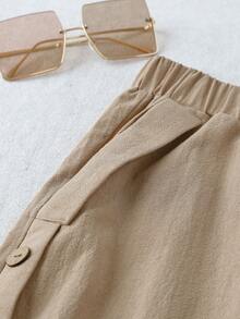 Linhara CURVE Plus Size Women's Solid Color Casual Daily Button Side With Pockets Straight Pants,Summer Pant Cotton-Linen Pant - Khaki - View 3