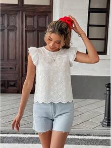 Pariaura Vacation Casual Solid Color Hollow Embroidery Cap Sleeve Blouse - White - View 5