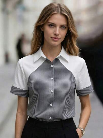 SHEIN 女士夏季白色纯色拼接条纹面料设计，尽显高端优雅休闲度假音乐派对嘉年华返校教师节校园旅行海滩街头氛围职场穿搭夏季服装夏季衬衫夏季新款必备时尚小众设计百搭女士短袖拼接衬衫