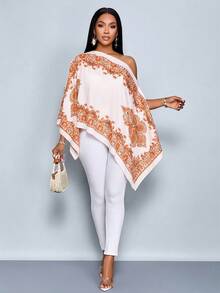 SOLERSUN Women's One-Shoulder Shawl With Asymmetrical Hem, Paisley Pattern, Island Style, Music Festival, Spring/Summer Shirt. - Coffee Brown - View 5