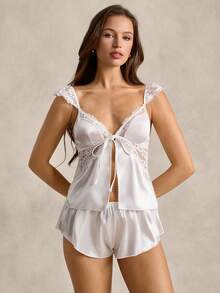 2件套优雅法式蕾丝、缎面、舒适女士睡衣套装 - 白色 - 查看 1