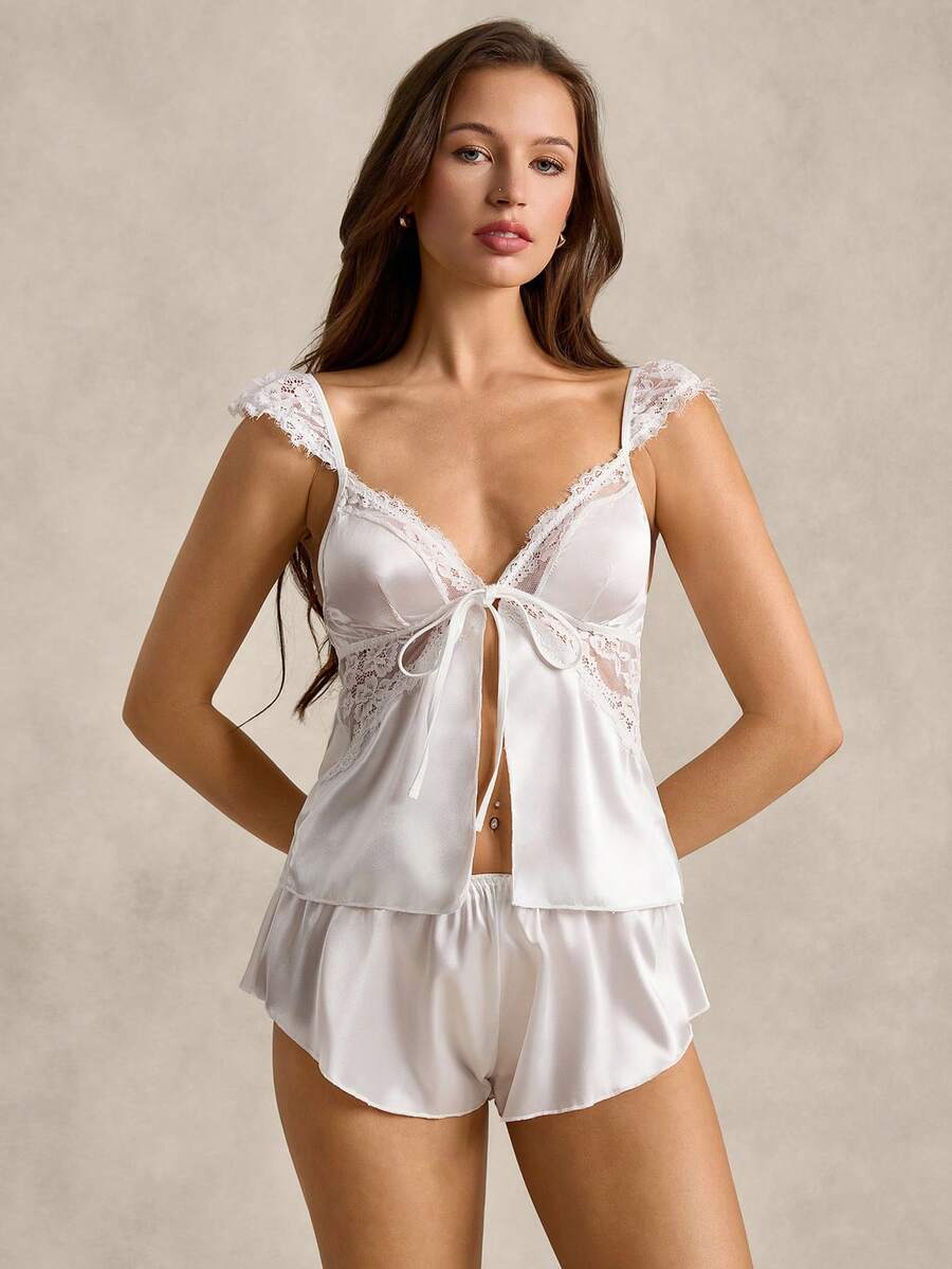 2件套优雅法式蕾丝、缎面、舒适女士睡衣套装 - 白色 - 查看 1
