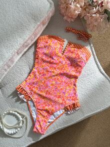 Swim Mod 女士连体花卉格纹撞色泳衣 26SS 新款，阳光海滩度假风连体泳衣套装 - 彩色 - 查看 8