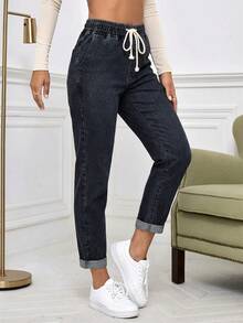 SHEIN Essnce 休闲水洗抽绳腰锥形牛仔裤加厚牛仔布 - 黑色 - 查看 5