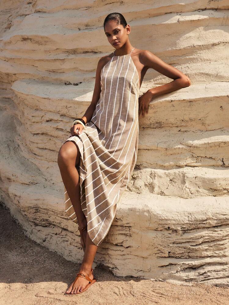 SHEIN Maija Women's Vacation Casual Striped Backless Halter Dress,Summer Outfits ,Festival Outfits ,Beach Outfit For Women,Holiday Outfits For Women,Country Concert Outfit,Summer Dresses For Women