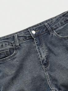 ROMWE MEN Street Life 男士时尚系带叠层喇叭水洗牛仔裤 - 藍色 - 查看 4