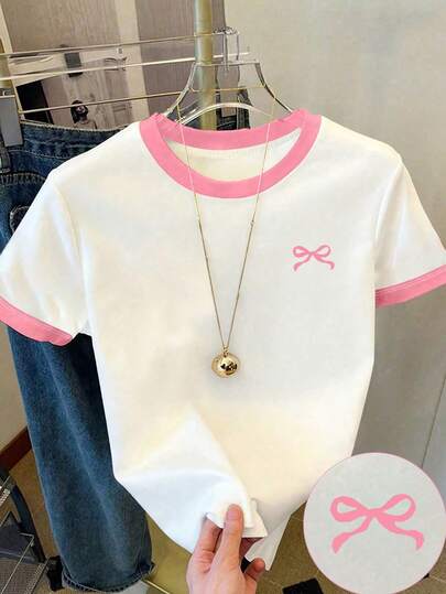 女童休闲短袖露脐T恤，圆领“夏日氛围”T恤，适合外出、春夏穿搭