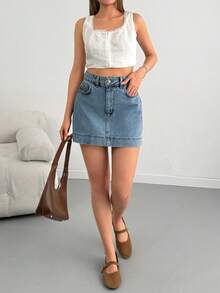 SHEIN Woman High Waist Denim Mini Casual Washed Blue Skirt Button Front - Light Wash - View 3
