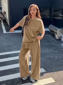 Muchica Plus Size Distressed Acid Wash Khaki Snowflake Print Loose T-Shirt + Wide Leg Pants 2 Pieces Cotton Suit Set, Spring/Summer - Khaki - View 1