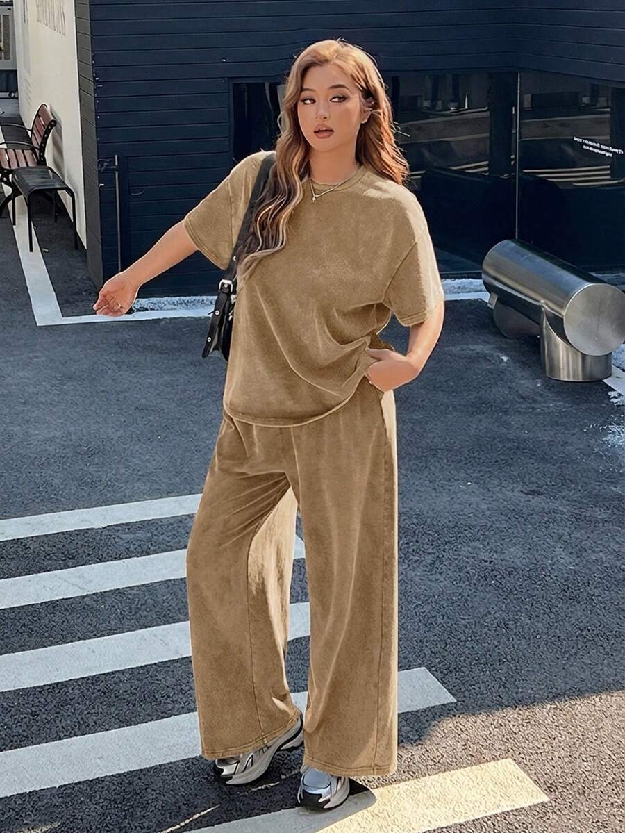 Muchica Plus Size Distressed Acid Wash Khaki Snowflake Print Loose T-Shirt + Wide Leg Pants 2 Pieces Cotton Suit Set, Spring/Summer - Khaki - View 1