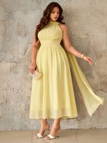 Roveilla Vestido de verano elegante para invitada de boda de talla grande para mujer, amarillo, de gasa, con cuello con volantes, espalda con lazo, cintura fruncida, fluido, sin mangas, largo, estilo vintage - Amarillo - Ver 5