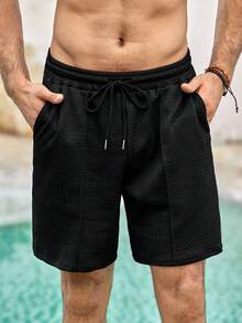 Mercer Haus Men's Summer Casual Solid Color Textured Fabric Half Zip Short Sleeve Polo Shirt & Shorts Set , Suitable For Summer Tropical Holiday Vacation In Hawaii. - Black - View 8